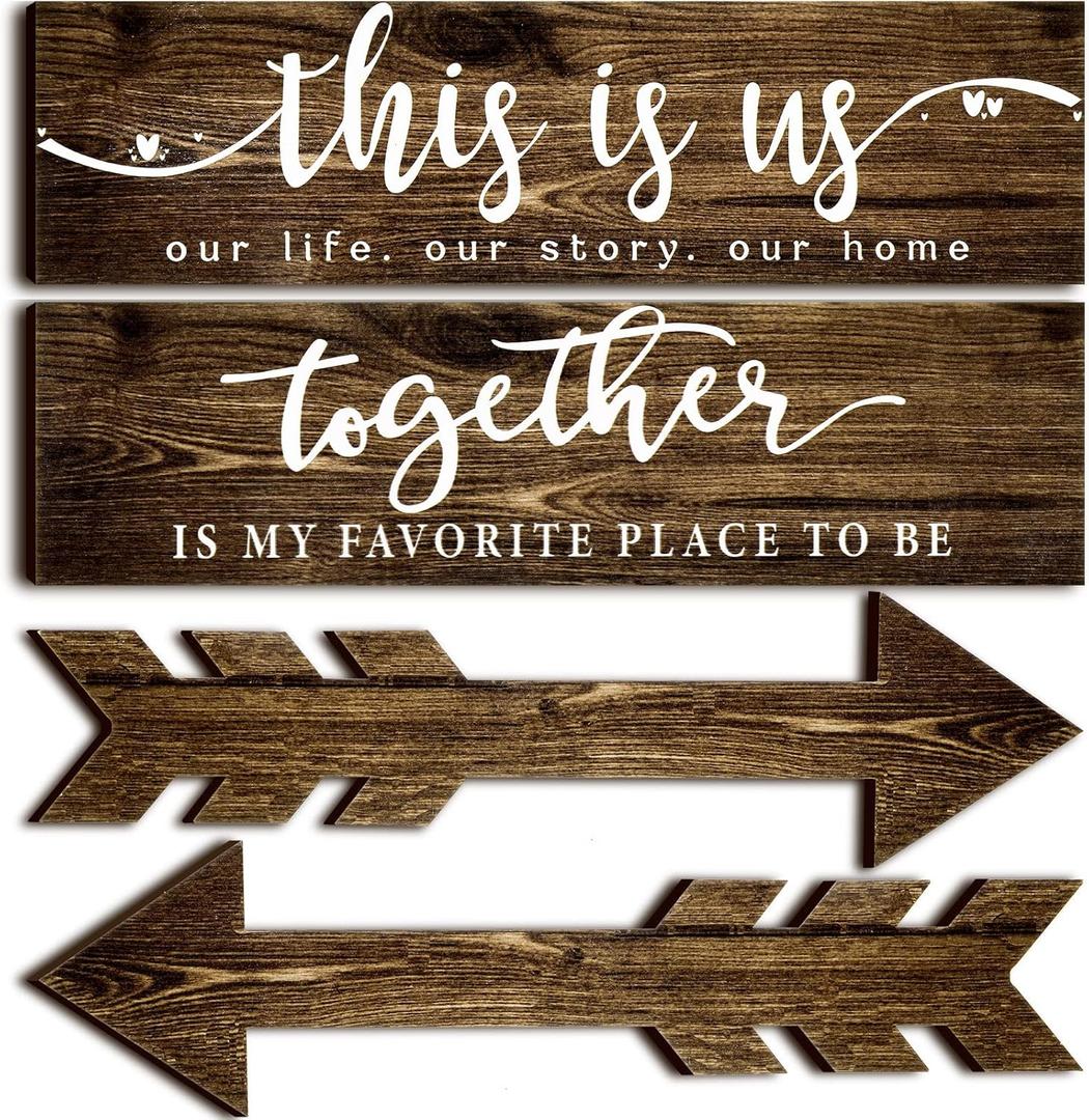 Jetec 4 Pcs Wooden Arrow Wall Decor This Is Us Our Life Rustic Family Signs for Home Wall Decor Home Wooden Hanging Sign for Farmhouse Living Room, 15 x 4 x 0.2 Inch(Brown)