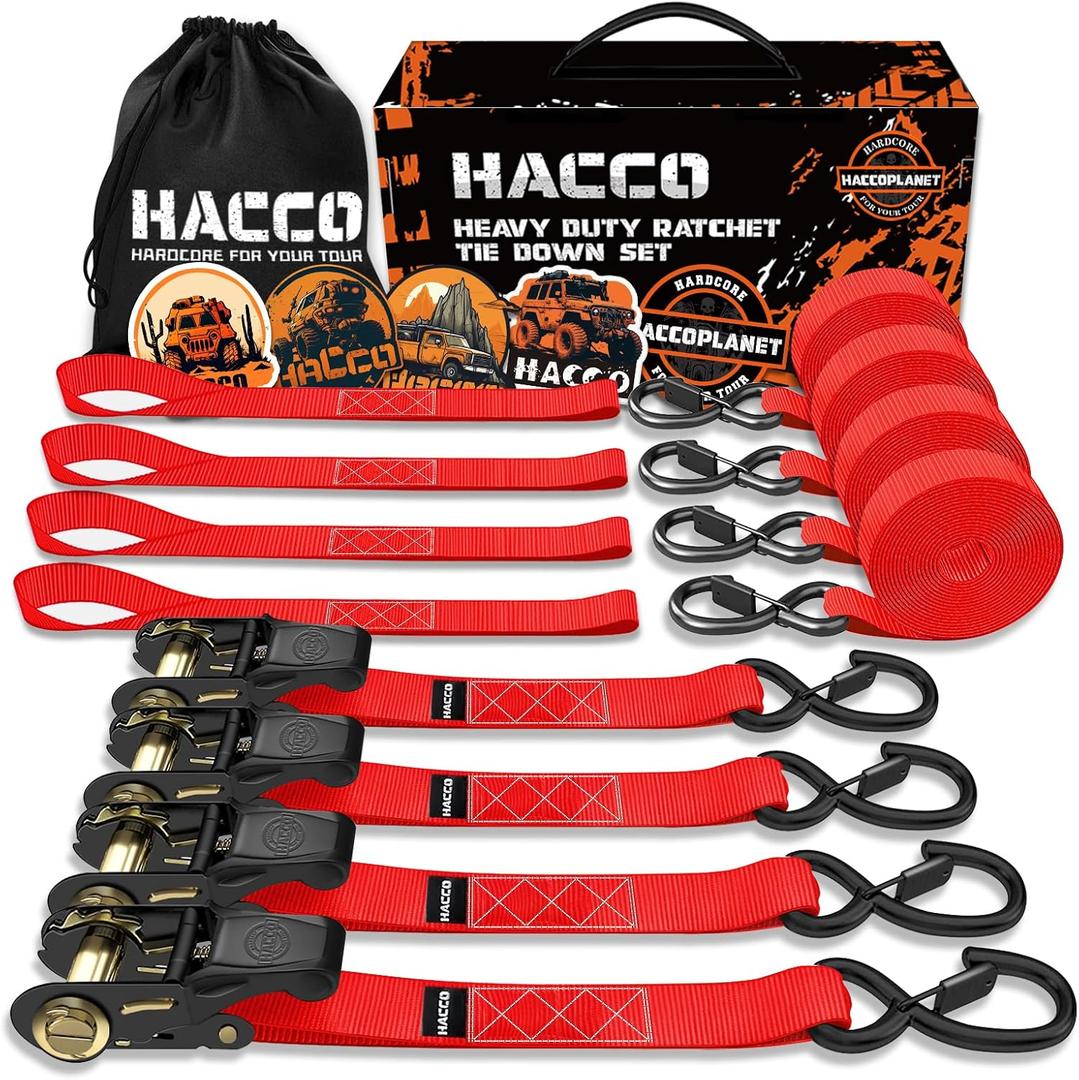 Haccoplanet Ratchet Tie Down Straps, 2340lb Break Strength, 4pc 1inch x 16FT Ratchet Strap Set with Padded Handles & Coated S Hook W/Safety Clip, Cargo Strap Tie-Down for Motorcycle, Truck (Red)