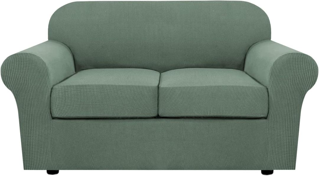 H.VERSAILTEX 3 Piece Stretch Sofa Covers for 2 Cushion Loveseat Couch Covers for Living Room Sofa Slipcovers (Base Cover Plus 2 Seat Cushion Covers) Thicker Jacquard Fabric(Medium, Loden Frost)