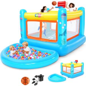AKEYDIY Inflatable Bounce House for Kids, 107.1'' x 67.7'' x 44'' PVC Jumping House with Removable Pool/Ball Pit, Basketball Hoop, Game Map, Indoor Outdoor Bouncy House for Toddlers 3-6 (with Pool)