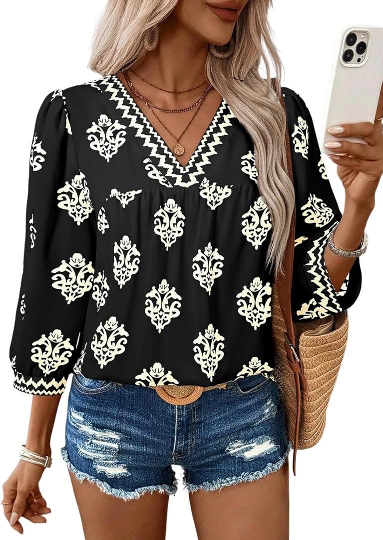 SHEWIN Women's Casual V Neck Floral Print Chiffon Blouses 3/4 Sleeve Boho Summer Tops Shirts (Large, Black)