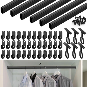 Tandefio Chrome Closet Rod 92 Inch with Oval Closet Rod 6 End Supports for Laundry Room Hanging Clothes Waterproof Shower for Curtains(Black,2 Sets)