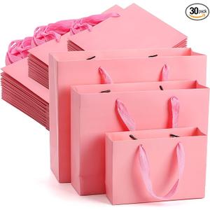 Lyellfe 10 Pack Pink Gift Bags, Heavy Duty Kraft Paper Bag with Handle Bulk, Recycled Water-proof Shopping Bags, Assoorted Merchandise Retail Bags for Birthday, Wedding, Party, S, M, L