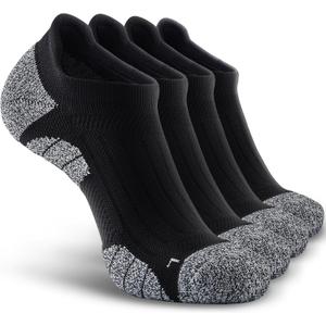 Men's No Show Compression Athletic Socks, Cushioned for Running Hiking (Large, Black-4 Pairs)
