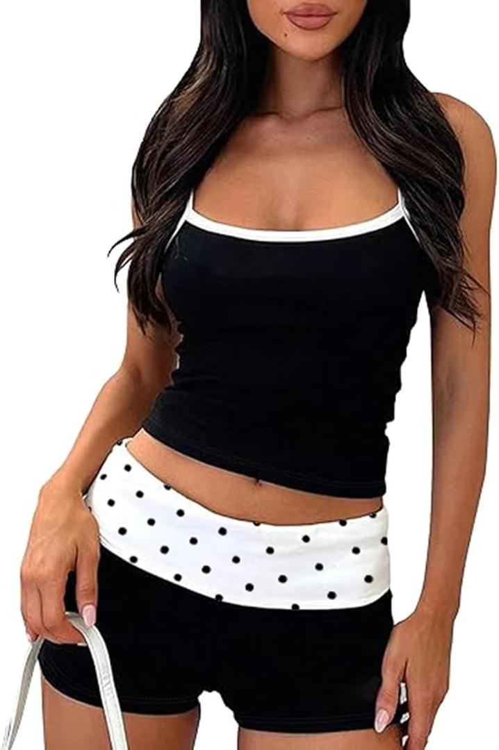 RUEWEY Women 2 Piece Polka Dots Pajama Set Y2k Sleeveless Cami Tank Top and Fold Over Shorts Lounge Set Sleepwear (Medium, Black)