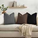DecorUhome Summer Decorative Neutral Linen Fringe Euro Sham Throw Pillow Covers Set of 2 Chocolate Pillow Covers with Tassels Soft Farmhouse Boho Accent Pillow Cases for Couch Bed Sofa 26x26 Inch