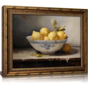 Vintage Gold Framed Kitchen Wall Art Retro Rustic Farmhouse Painting Canvas Picture Wall Decor Yellow Lemon Still Life Antique Fruit Poster PrintArtwork for Living Room Bedroom Home Decoration, 11"L x 9"W