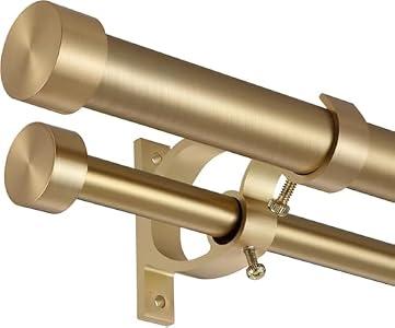 Lwiiom Double Blackout Curtain Rods 140 to 164 Inches (11.5-13.5 Feet),1-Inches Front and 5/9 Inches Back Adjustable End Cap Double Window Drapery Rod for Drapes and Curtains,Warm Gold