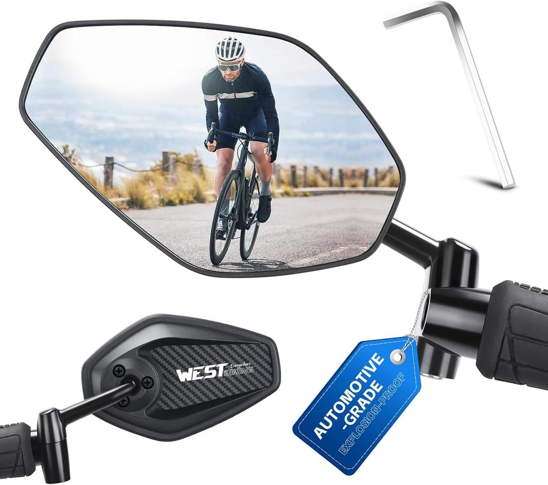 West Biking Bike Mirror, 360 Adjustable HD Shatterproof Bicycle Mirror, Aluminium Alloy Mirror Stem Provides Exceptional Stability,Handlebar-End Rear-View Mirror Suitable For E-Bike(Left)