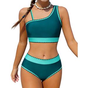 Funnycokid Girls Swimsuit Two Piece Bathing Suit Adjustable Straps Kids Bikini Sets Teens Swimwear 9-16Y (9-10 Years, Darkgreen)