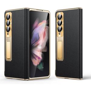 for Samsung Galaxy Z Fold 3 Case, Electroplated Frame, Luxury Leather Back, Full Magnetic Hinge Protective, Screen Protector, Metal Stand, Thin & Slim Stand Phone Cover 5G 2021, Black