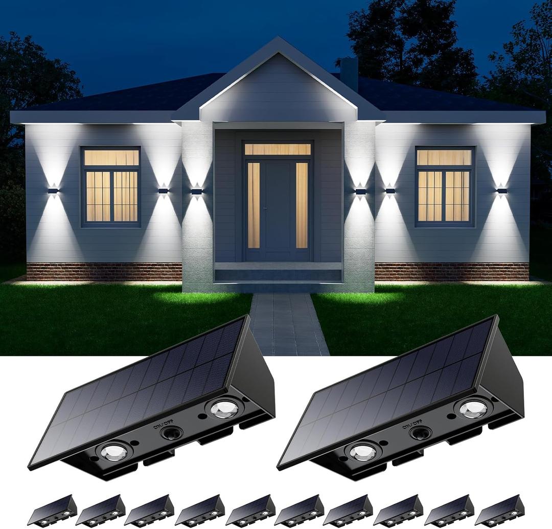 12 Pack Solar Up and Down Wall Lights Outdoor Decorative Fence Mount LED Lamps for Outside Deck, Porch, Patio, Backyard, Garden, IP65 Waterproof and Durable Materials for Long Term Use (Cool White)