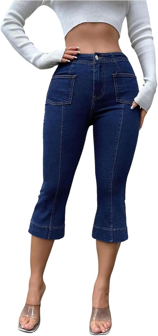 Floerns Women's Capri Jeans Mid Waist Trendy Stretchy Flare Leg Denim Pants (Blue, 2XL)