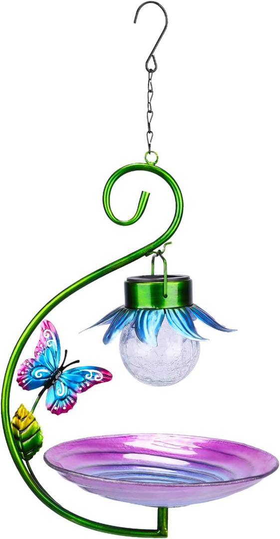 MUMTOP Hanging Bird Bath - Bird Baths for Outdoors, 11 Inch Glass Solar Bird Bath Bowl Bird Feeder Birdbath with Led Cracked Glass Ball and Metal Butterfly for Garden and Patio Decor
