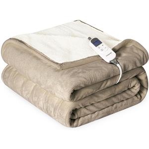 Heat Blanket 50x60 Throw,Soft Flannel & Sherpa Reversible Electric Blanket with 10 Heat Settings,12 Timer Setting and 3 Hours Auto-Shut Off,ETL Certified Machine Washable,Light Brown