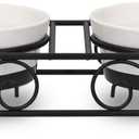 Navaris Ceramic Pet Bowl Set - Food Water Bowls for Cats, Small Dogs and Puppies with Non-Slip Retro Metal Stand - Set of Bowls, 10.8 oz Each