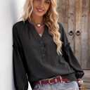 Womens V Neck Button Down Tops Puff Long Sleeve Tunic Blouse Dressy Loose Fit Basic T Shirt Business Casual Work Tops (Black, S)
