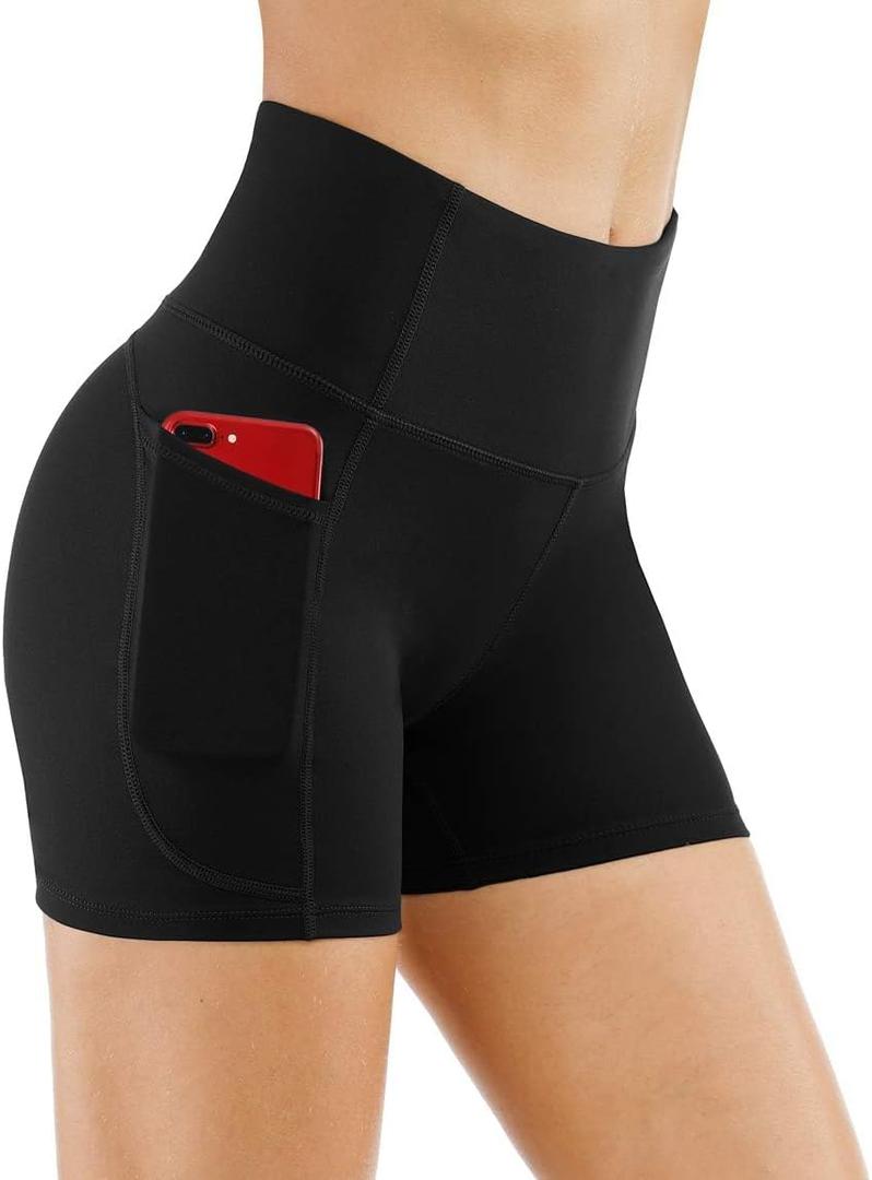 THE GYM PEOPLE High Waist Yoga Shorts for Women's Tummy Control Fitness Athletic Workout Running Shorts with Deep Pockets Regular Fit, Medium, Black