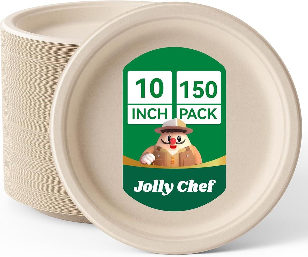 JOLLY CHEF Compostable Heavy Duty Plates [ ] Eco-Friendly Disposable Natural Paper Plates Bagasse Biodegradable Bulk for Party Dinner Thanksgiving Day (Brown)