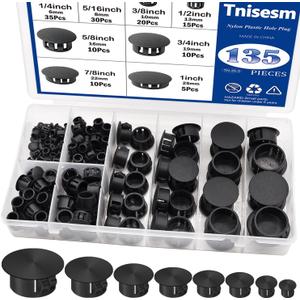 Tnisesm 135Pcs 8 Sizes Nylon Plastic Hole Plugs Black 1/4" 5/16" 3/8" 1/2" 5/8" 3/4" 7/8" 1" Round Drill Hole, Furniture Cabinet Insert End Caps Industrial Hardware Biscuits & Plugs
