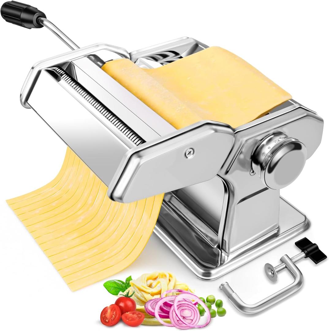 Pasta Maker - 7 Thickness Settings Pasta Roller & 2-in-1 Cutter, Stainless Steel Pasta Machine for Spaghetti, Fettuccine, Ravioli, Lasagna - Includes Hand Crank & Table Clamp