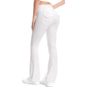 Women's Flare Leggings with Pockets High Waisted Butt Lifting No Front Seam Tummy Control Bootcut Yoga Pants for Women (Large, White)