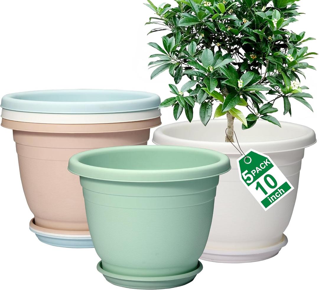 5 Packs 10 inch Flower Pots + Saucers, Large Indoor & Outdoor Pot
