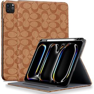 Designer Compatible iPad Pro 11 Inch Case 2024 5th Generation M4 (Model: A2836/A2837/A3006) PU Leather with Pencil Holder Soft TPU Back Case,Auto Sleep/Wake Cover,for Women Girls Aesthetic-brown