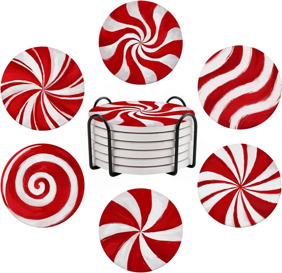 Red and White Candy Coasters with Holder 6 Pcs, Christmas Candy Drink Absorbent Coasters, Christmas Candy Ceramic Stone with Cork Base, House Warming Gift New Home Kitchen Decor, 4inches