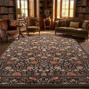 GarveeHome Brown Vintage Floral Washable 8x10 Area Rugs for Living Room Black Boho Botanical Retro Rug Low Pile Stain Resistance Non Slip Carpet for Bedroom Nursery Dining Room