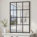Window Pane Mirror, 38x26 Decorative Wall Mirrors, Black Metal Framed Windowpane Mirror for Farmhouse & Modern Bedroom, Living Room, Dining Room, Entryway, Fireplace Decor with Hanging or Leaning