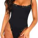 Navneet Women Sexy Lace Bodysuit Lace Trim High Cut Thong Spaghetti Strap Cami Bodysuit Going Out Tank Tops Body Suit, S/M, Black