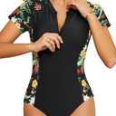 SHEKINI Women's Short Sleeve Rash Guard Swim Shirts UV Protection Zipper Surfing One Piece Swimsuit UPF 50 (XX-Large, Black+Orange)