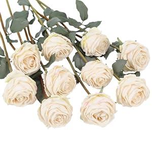 Uznaeoi 10PCS Vintage Roses Artificial Flowers White Fake Flower Bouquet Faux Roses with Stems for DIY Wedding Bouquet Bridal Shower Party Home Garden Decor(White)