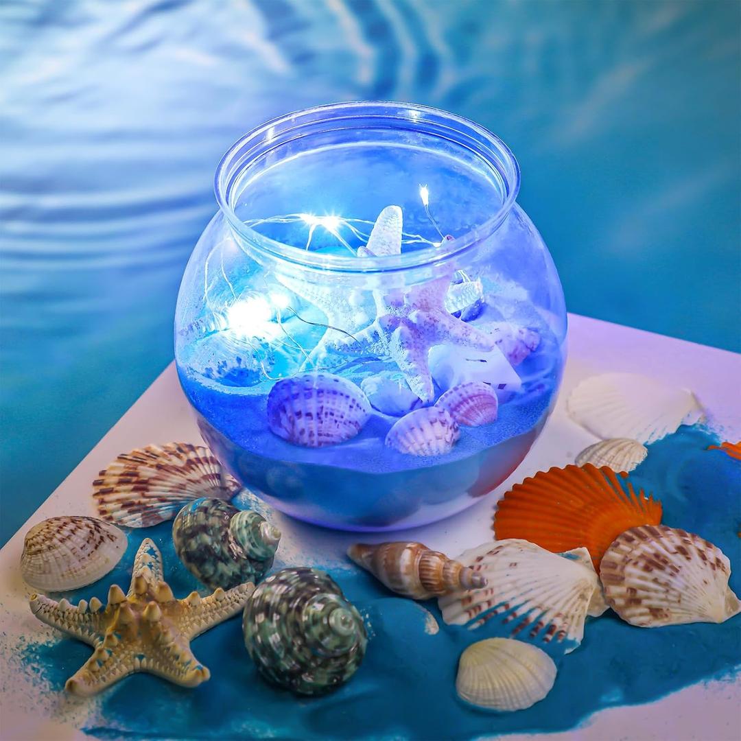 8 Set 30 oz Beach Themed Party Table Centerpieces 4" Heavy Duty Round Plastic Fish Bowls Mixed Beach Natural Seashell Starfish with Blue Lights for Wedding Baby Shower Ocean Party Supplies