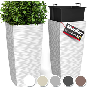 Mueller M-Resin Heavy Duty Tall Planter, Indoor/Outdoor Grande Plant, Tree, Flower Pot, 2-Piece Set, 27.5”, Modern Design, Built-in Drainage, White XL 6,5 Gallon