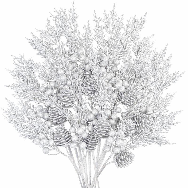 Winlyn 12 Pcs Christmas Artificial Pine Branches Glitter Pine Needles with Pinecone and Berries Christmas Floral Picks 14.2" for Christmas Tree Wreaths Centerpieces Holiday Decorations