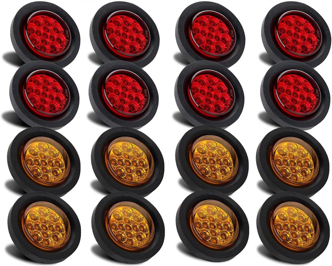 Partswcgg 2.5" Inch Round LED Marker Lights 13 LEDs Reflectors, 8 Amber + 8 Red 2 1/2" in Round LED Trailer Markers Truck Side Clearance Lights Flush Grommets Mount w/2 Prong Wire Pigtails Waterproof