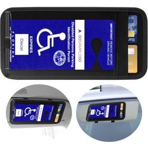Handicap Placard Holder for Car, Disabled Parking Permit Sign Protector for Car Visor Auto Card Clip with Pen Holder, Note Paper Card Slot, Elastic Strap (2, Black)