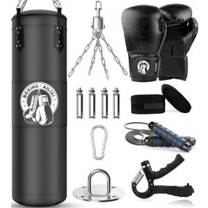 4FT Punching Bag for Adults/Kids, Unfilled Heavy Punching Bag, Boxing Bag Set with Punching Gloves, Wraps, Chain, Ceiling Hook for MMA Kickboxing Boxing Karate Muay Thai Taekwondo (Black)