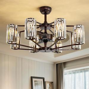 Moooni 34" Crystal Chandelier Ceiling Fan 8 Lights Vintage Flush Mounted Fandelier Bronze Invisible Blades Ceiling Fan for Bedroom Dining Room Living Room Kitchen Farmhouse Entry