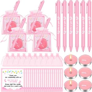 Ctosree 50 Sets Baby Shower Favors for Guests Include 50 Pcs Tea Light Candle Bulk Thank Tag and Chiffon Bag with Drawstring Retractable Ballpoint Pen for Gender Reveal Party Supplies (Pink)