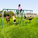 Sportspower Swing Climb and Glide Metal Swing Set 6 in 1: Heavy-Duty A-Frame, Belt Swing, Glider, Saucer, Climbing & Net Ladders (Green)
