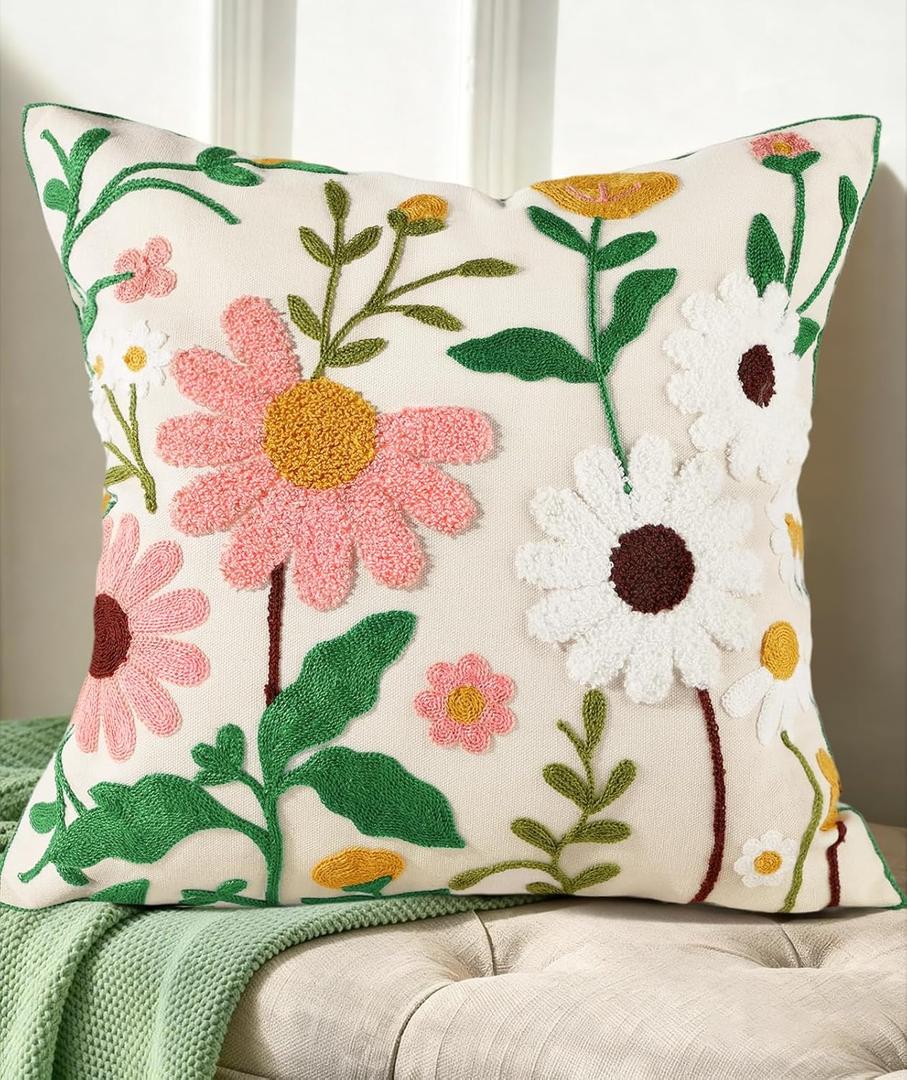 Embroidered Throw Pillow Cover - 18x18 Decorative Pillow Cover with Zipper Aesthetic Cute Design Boho Spring Summer Cozy Throw Pillowcase for Living Room Couch Sofa Bed, Pink White Flower