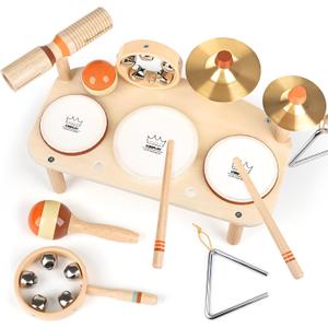 Kids Drum Set - Montessori Toys for 2 Year Old Boy Girl Birthday Gifts, 11 in 1 Wooden Musical Instruments for Toddlers 2-3, Musical Activity Table Preschool Learning Toys for Baby 18+ Months, Small