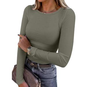 ANRABESS Women Long Sleeve Shirts Rib Knit Slim Fit Tops Basic Tee 2025 Fall Outfits Casual T-Shirt Underscrubs Layer Clothes (X-Small, Army Green)