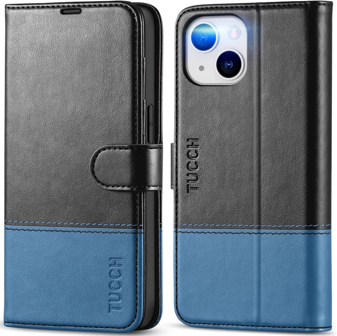 TUCCH Case Wallet for iPhone 14 6.1", Protective [TPU Shockproof Inner Shell], PU Leather [RFID Blocking] [4 Card Holder] Magnetic Stand Cover Compatible with iPhone 14 6.1", Black & Light Blue