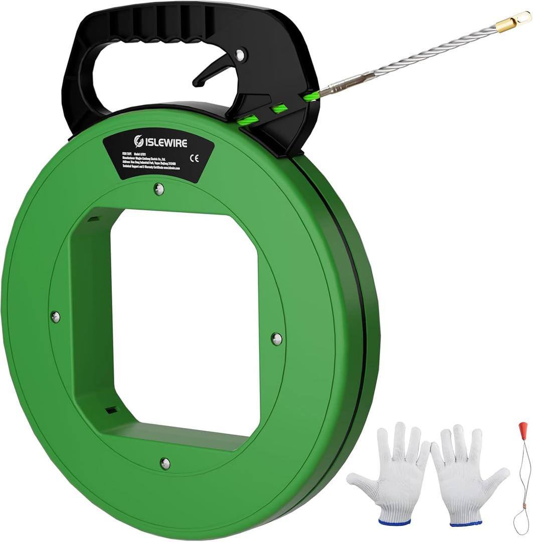 125ft Electrical Fish Tape Wire Puller, 3/16-Inch PET Non-Conductive Cable Puller Tool with Steel Leader and Ergonomic Handle for Wall & Conduit Cable Pulls, Green