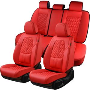 Coverado Car Seat Covers Full Set, Automotive Front and Rear Seat Covers with Backrest, Nappa Leather Car Seat Protectors Waterproof, Universal for Most Vehicles, Red (FullSet, Red(Lumbar Support))