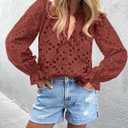 PRETTYGARDEN Women's Dressy Casual Blouse Tops Fall Spring Puff Long Sleeve Button V Neck Hollow Out Lace Embroidered Shirts (L)